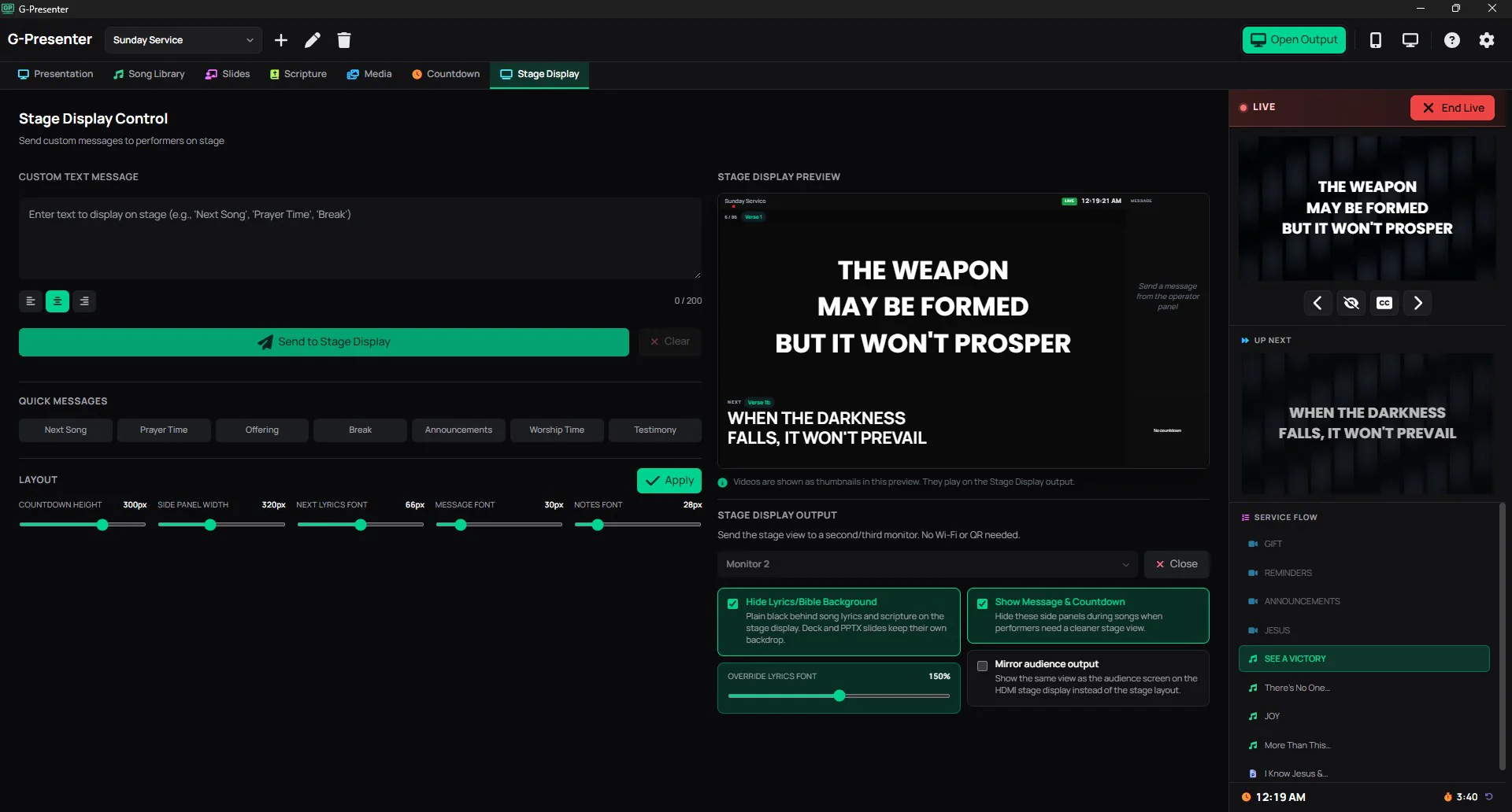 Stage display control screenshot